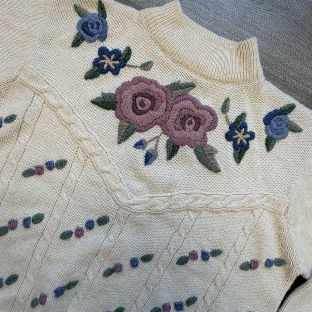 Vintage Alfred Dunner Floral Embroidered Sweater Womens L‎ Cottagecore Mock Neck